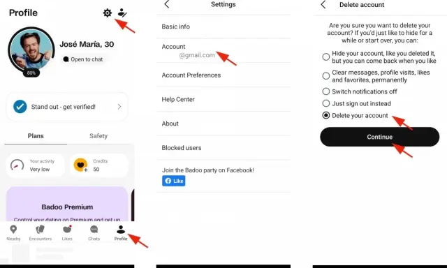 Schermate di Badoo che mostrano come eliminare il tuo profilo.