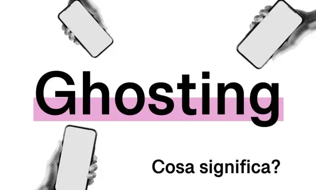 Il ghosting dopo un litigio: mani che tengono smartphone vuoti circondano la parola "Ghosting" e la domanda "Cosa significa?".