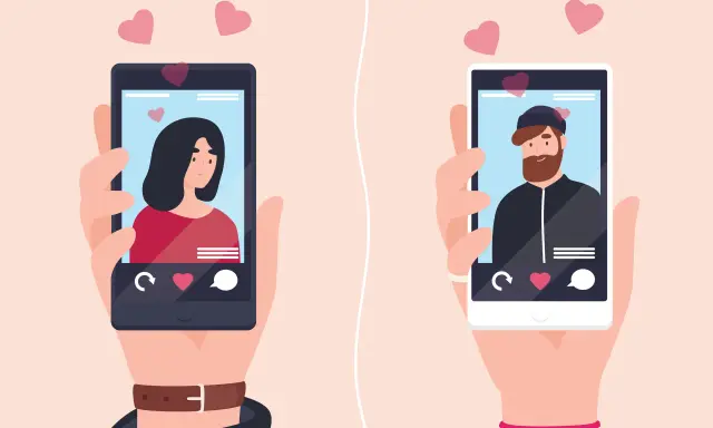 Due mani tengono smartphone con profili di un uomo e una donna, cuori rosa fluttuano. Un adulto amico cerca l'amore online.