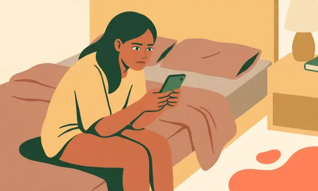 Ragazza sul letto, pensierosa, con il telefono in mano, mentre pensa a come dire a qualcuno che ti piace per messaggio.