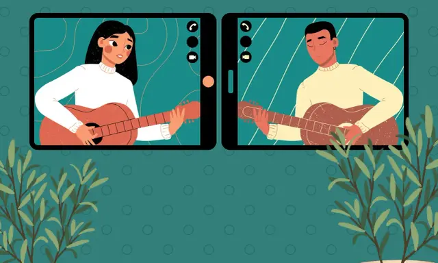 Ragazza e ragazzo su Bazoocam suonano la chitarra in videochiamata, uniti dalla musica.