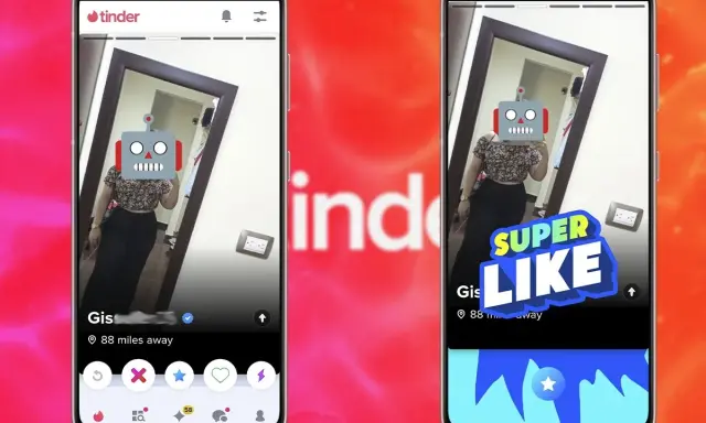 Due profili Tinder con una foto speculare. Uno mostra un "Super Like" in arrivo, come se fosse un match perfetto.