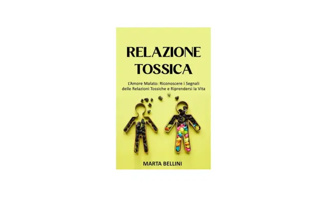 Copertina libro "Relazione Tossica": due sagome umane vuote, una riempita di pietre nere, l'altra di frammenti colorati.