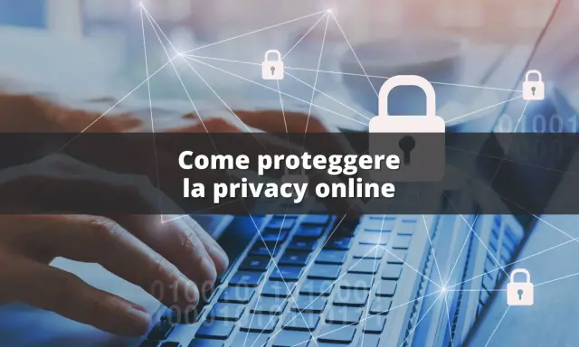 Mani che digitano su una tastiera, con lucchetti stilizzati e testo "Come proteggere la privacy online". Un'immagine che evoca la sicurezza digitale e la protezione dei dati, utile per un **chat randon** su questi temi.