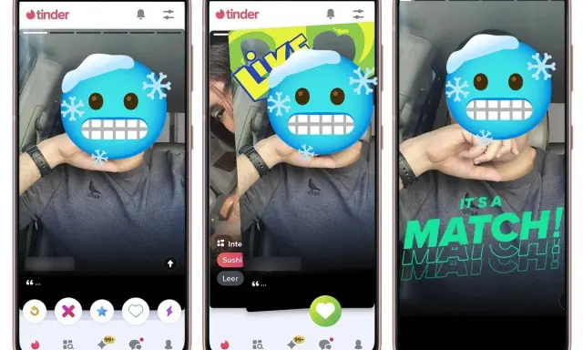 Schermate di Tinder: un utente con emoji di ghiaccio, un altro con "LIVE" e un terzo con "IT'S A MATCH!". Chissà quanto dura un match su Tinder?