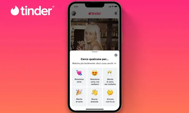 Schermata di Tinder con opzioni per trovare un edarling: relazione seria, niente di serio, nuove amicizie o ancora non lo so.