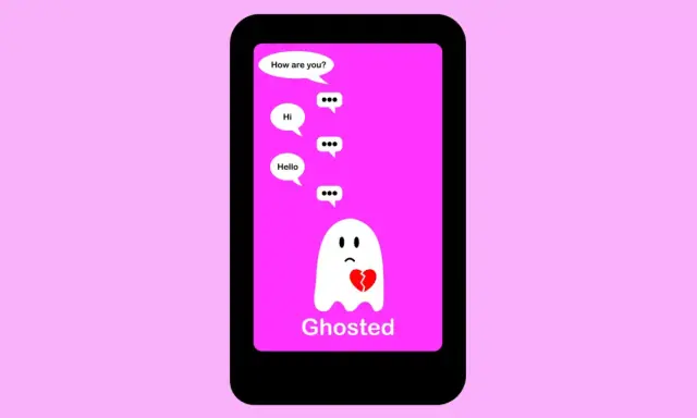 Un fantasma triste con un cuore spezzato su uno schermo di telefono, che mostra messaggi ignorati. La sensazione di subire ghosting è palpabile.