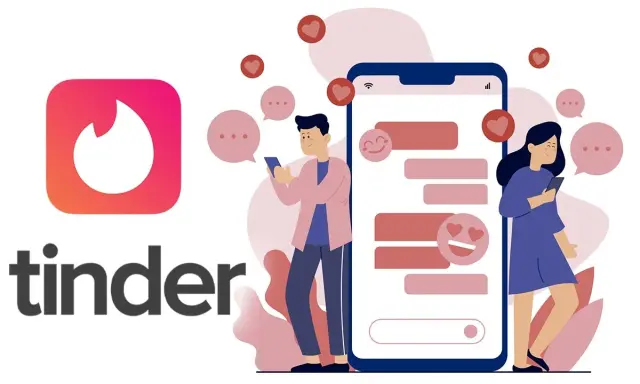 Un ragazzo e una ragazza chattano su Tinder, con cuori e fumetti che fluttuano.