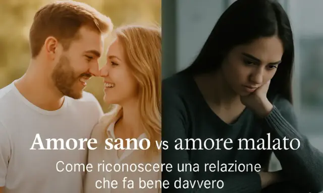 Coppia felice contrapposta a donna triste, per illustrare la differenza tra amore sano e un amore malato.
