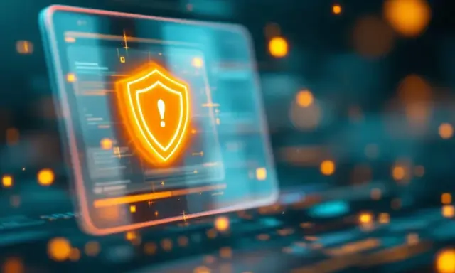 Schermo digitale con scudo arancione e punto esclamativo. Sicurezza informatica, un po' come chiedersi "Omegle cos'è" per capire i rischi online.