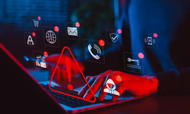 Attenzione! Un utente sta navigando su un sito di chat randim, circondato da icone di avviso che segnalano rischi per la sicurezza, privacy e dati.