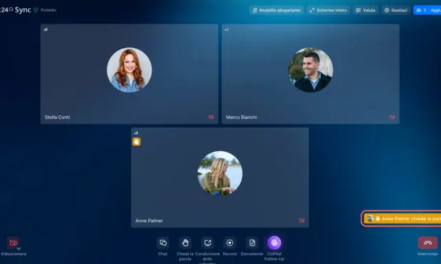 Anne Palmer chiede la parola. Ho bisogno di parlare con qualcuno in chat. Tre persone in videochiamata.