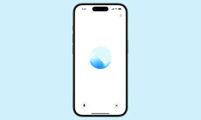 Schermo di un telefono con un'icona circolare blu e bianca al centro, che ricorda un'onda. In basso, un'icona microfono e una "x". Interfaccia per la cam voice.
