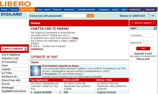 Pagina di Digiland: "Chatta che ti passa!" per conoscere amici, con stanze tematiche e regionali. Login e iscrizione disponibili.