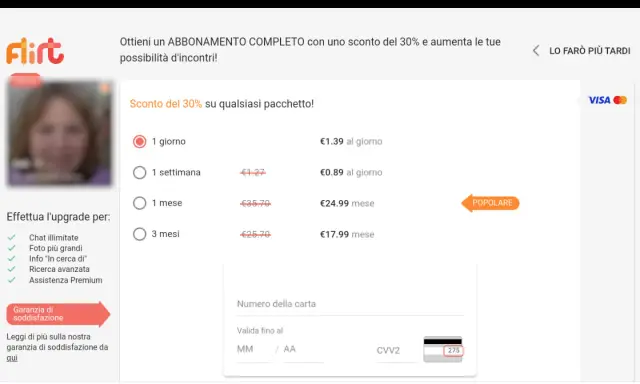 Offerta speciale su flirt.com recensioni: abbonamento completo con 30% di sconto per aumentare le tue possibilità d'incontri. Scegli il pacchetto ideale!