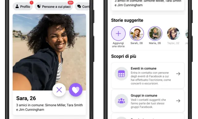 Interfaccia di fb dating con profilo di Sara, 26 anni, e suggerimenti per incontrare persone.