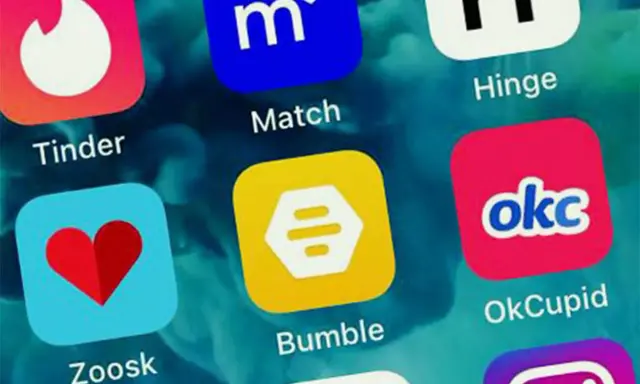 Schermata con icone di app di incontri come Tinder, Bumble, OkCupid, Hinge, Zoosk e Match. Molte di queste sono usate per siti chat sesso.