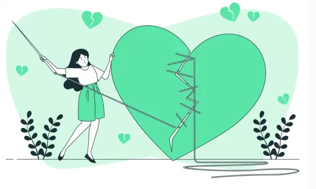 Una donna cuce un cuore spezzato, metafora di un amore ferito, forse da una persona narcisista che non si cura delle conseguenze.