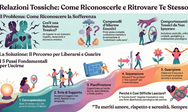 Illustrazione che mostra i 5 passi per uscire da una relazione tossica, dalla consapevolezza alla guarigione, evidenziando i segnali e i comportamenti da non ignorare.