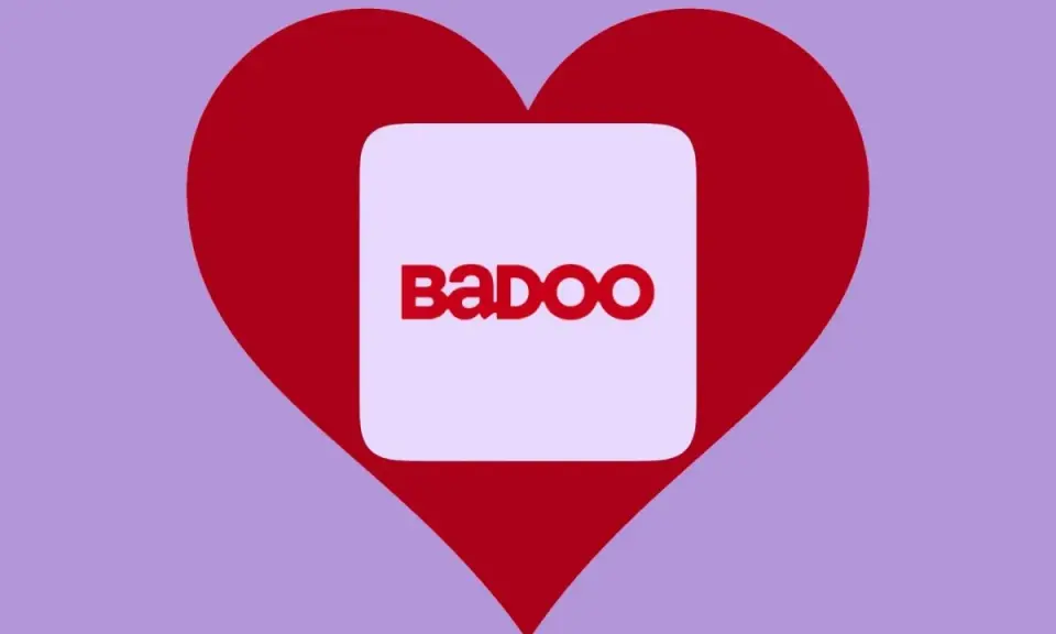 Cuore rosso con logo Badoo al centro. Trova l'amore, badoo è gratis!