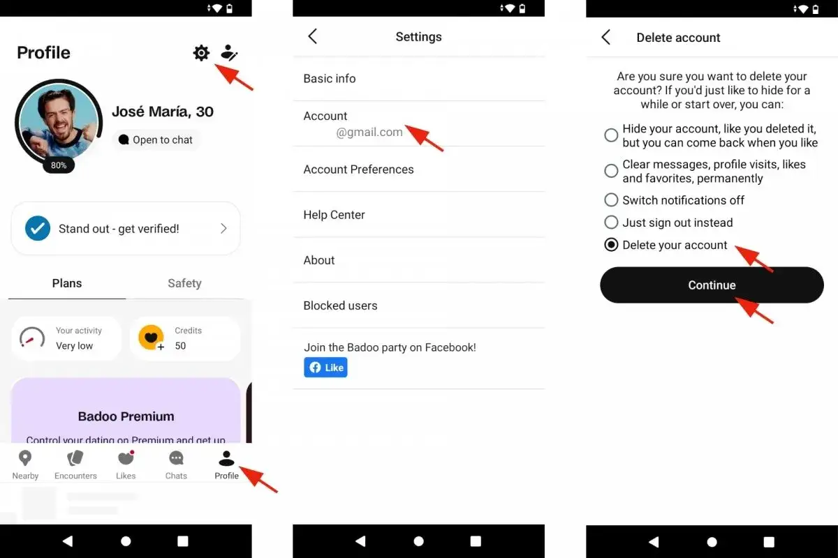 Schermata di Badoo che mostra come procedere per il profilo eliminato Badoo.
