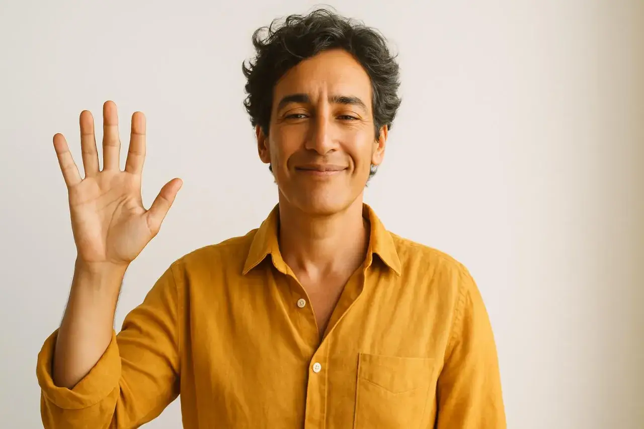 Uomo sorridente saluta con la mano, pronto a usare frasi per approcciare con un sorriso sincero.