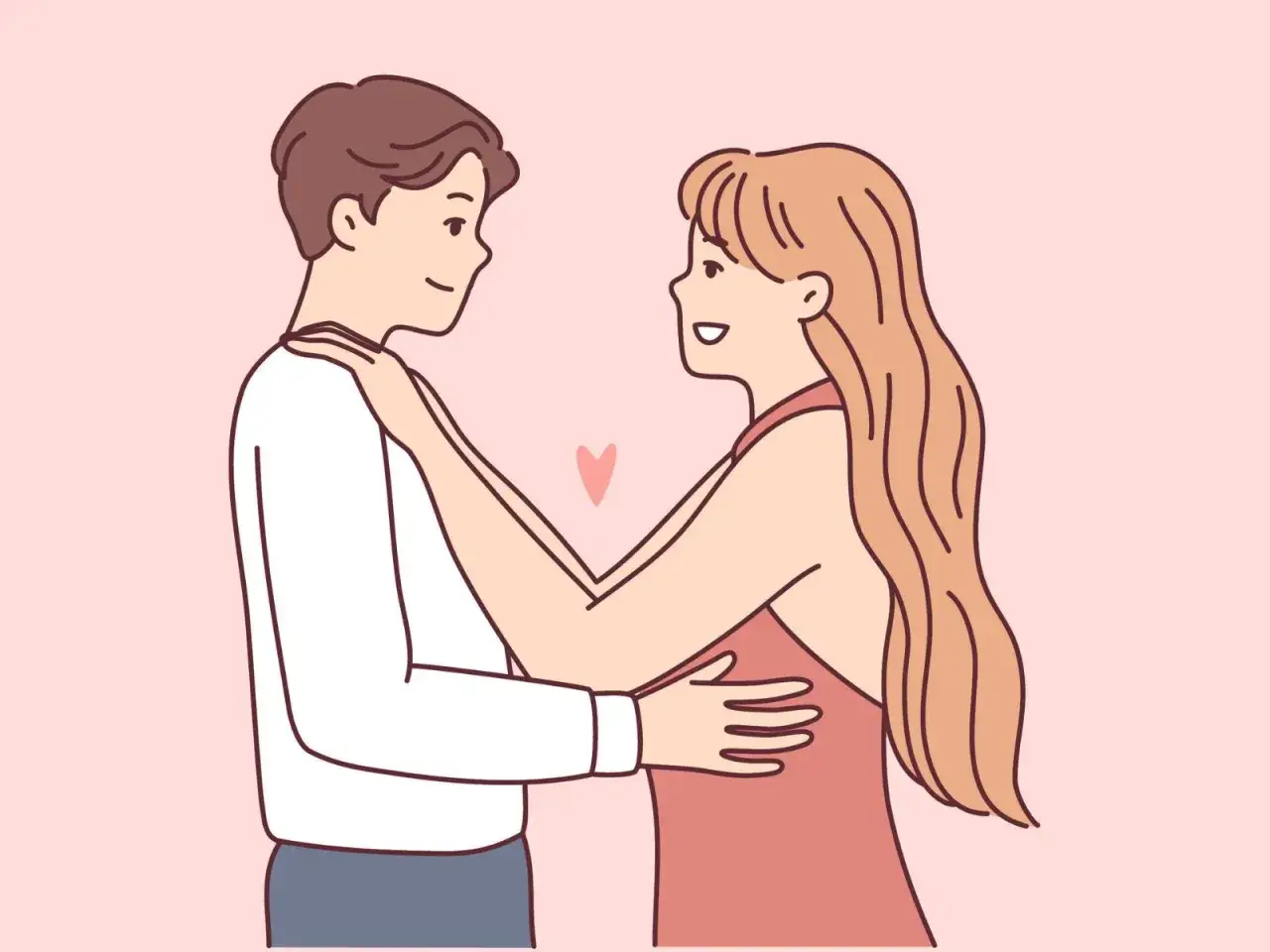 Coppia abbracciata, sguardi complici e un cuore rosa. L'attrazione tra due persone si sente in questo tenero momento.