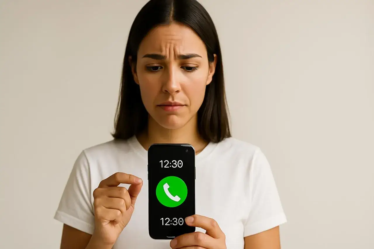 Ragazza preoccupata guarda il telefono, con un'icona di chiamata in arrivo. Forse sta pensando a come scrivere delle scuse per scrivere ad un ragazzo.