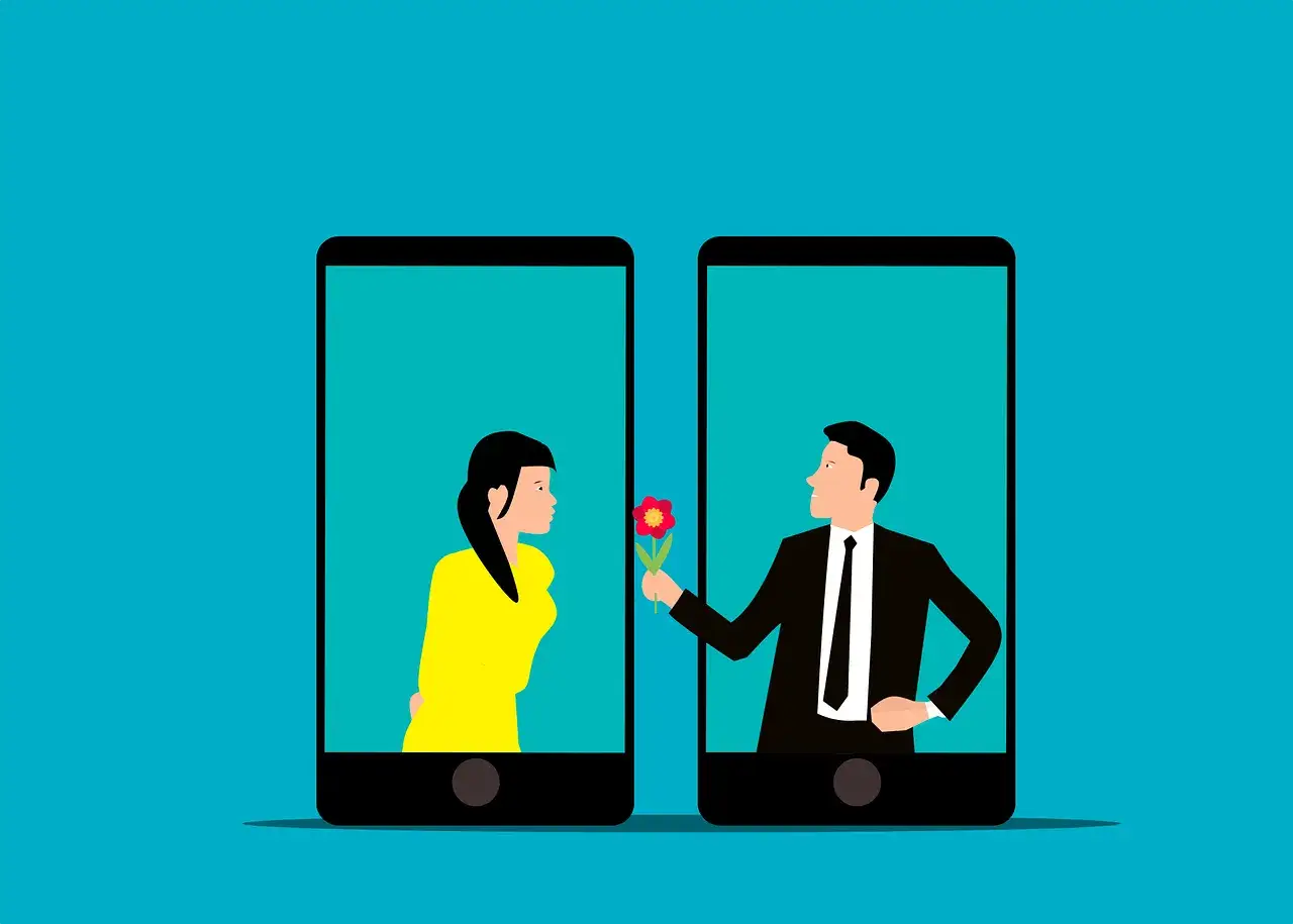 Uomo in giacca e cravatta offre un fiore a una donna, entrambi su schermi di smartphone. Un'idea per il fb dating.