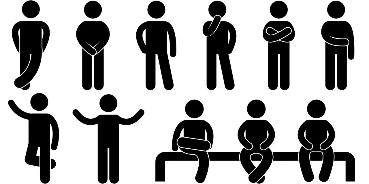 Figure stilizzate in varie pose, alcune pensierose, altre con braccia conserte, altre ancora sedute. Osserva i segnali nascosti attrazione nel linguaggio del corpo.