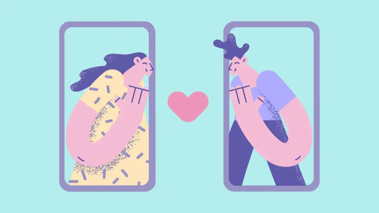 Coppia in videochiamata, un cuore rosa tra loro. La loro postura suggerisce una certa mania del controllo.