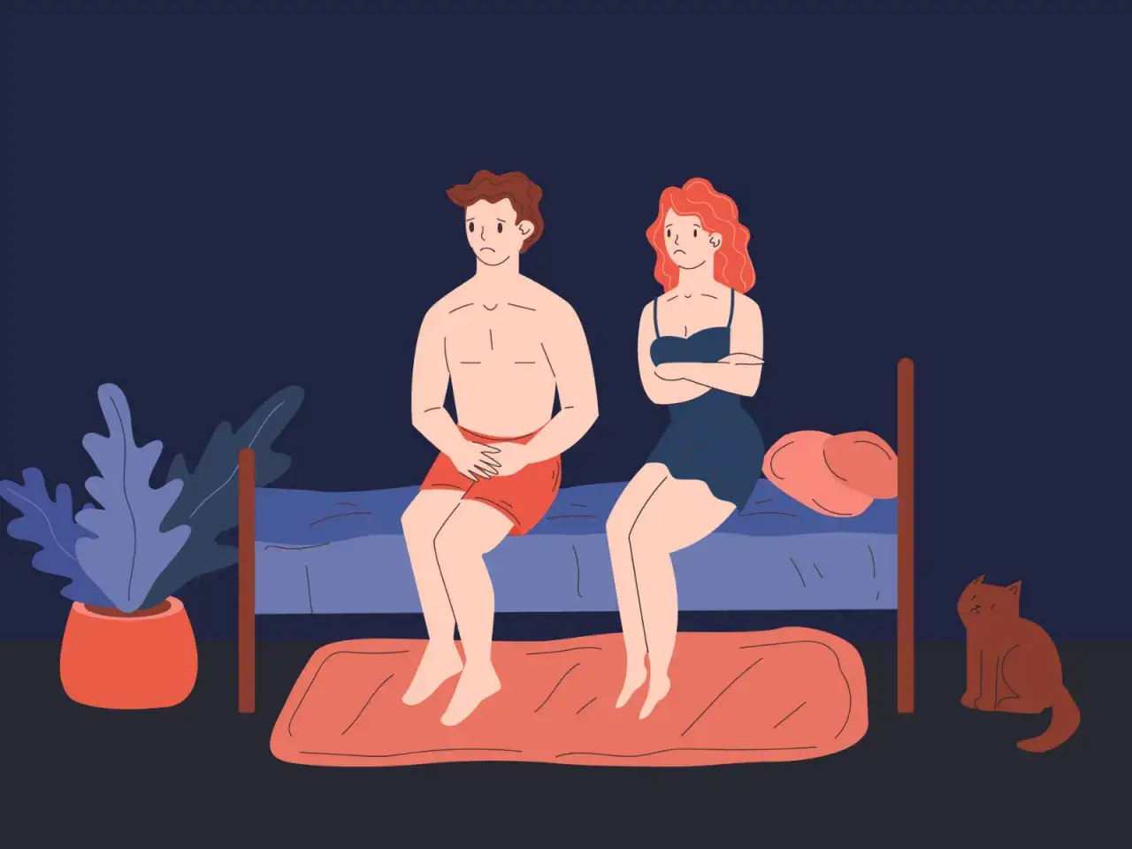 Coppia seduta sul letto, con espressioni tristi. Nonostante l'attrazione fortissima per una persona, qualcosa li separa. Un gatto li osserva.