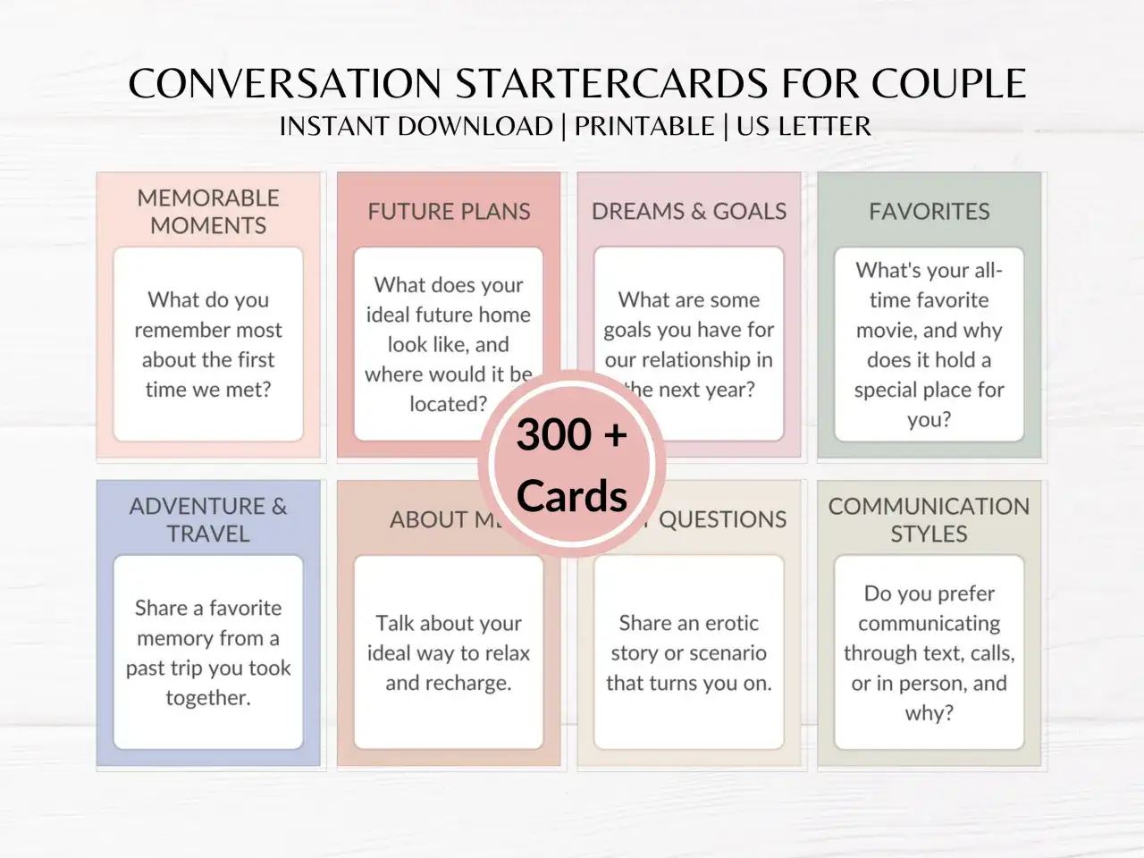Carte per coppie con domande per scoprire la verità da fare in chat. Include temi come ricordi, sogni, preferenze e comunicazione.