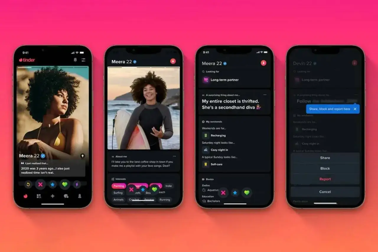 Schermate di un tinder chat con profili di utenti, foto e descrizioni.