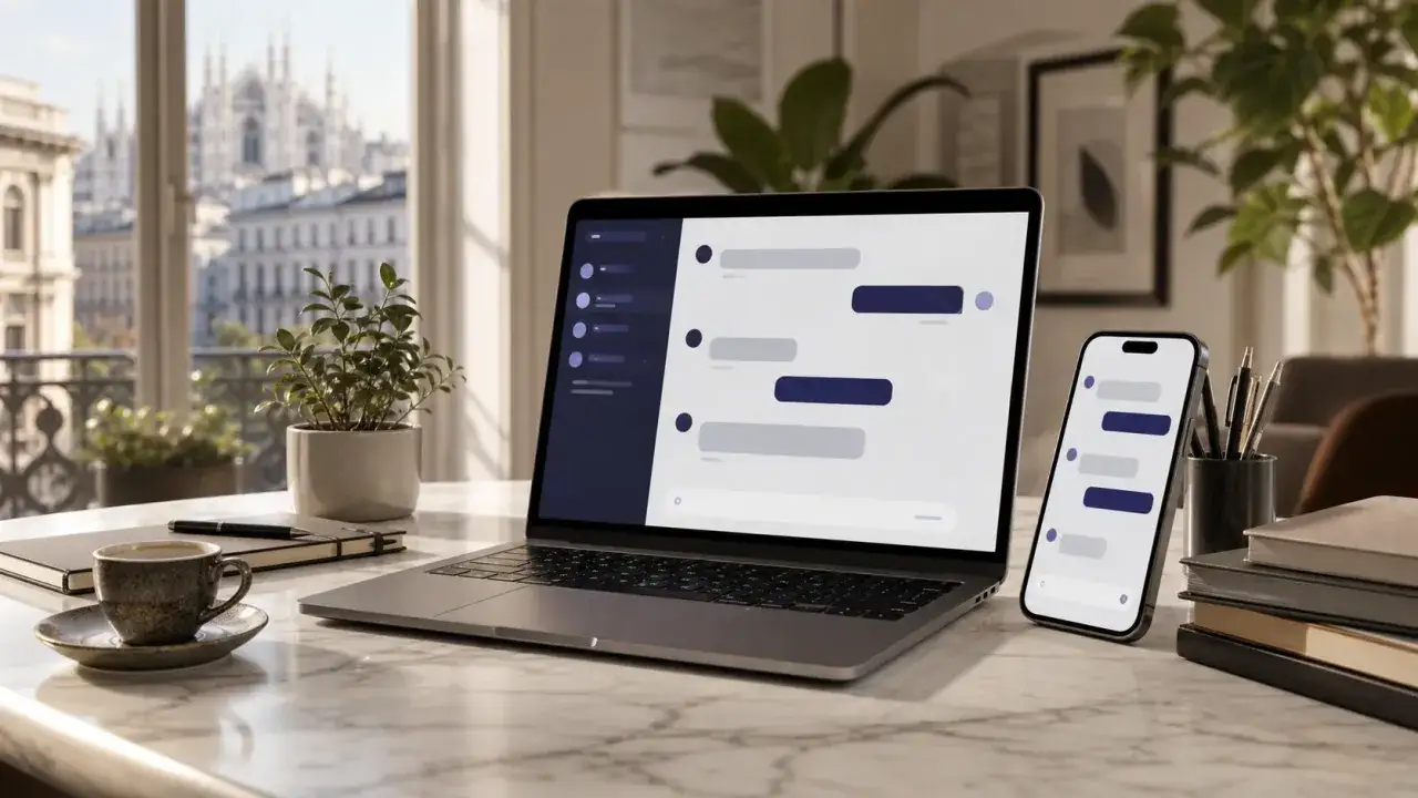 Un laptop e uno smartphone mostrano interfacce di messaggistica, con un caff&egrave; e una pianta su una scrivania. Ideale per gestire i canali simosnap.