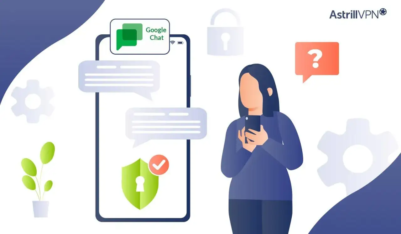 Chat sicuro su Google Chat con protezione. Una donna usa il telefono, simbolo di lucchetto e ingranaggi.