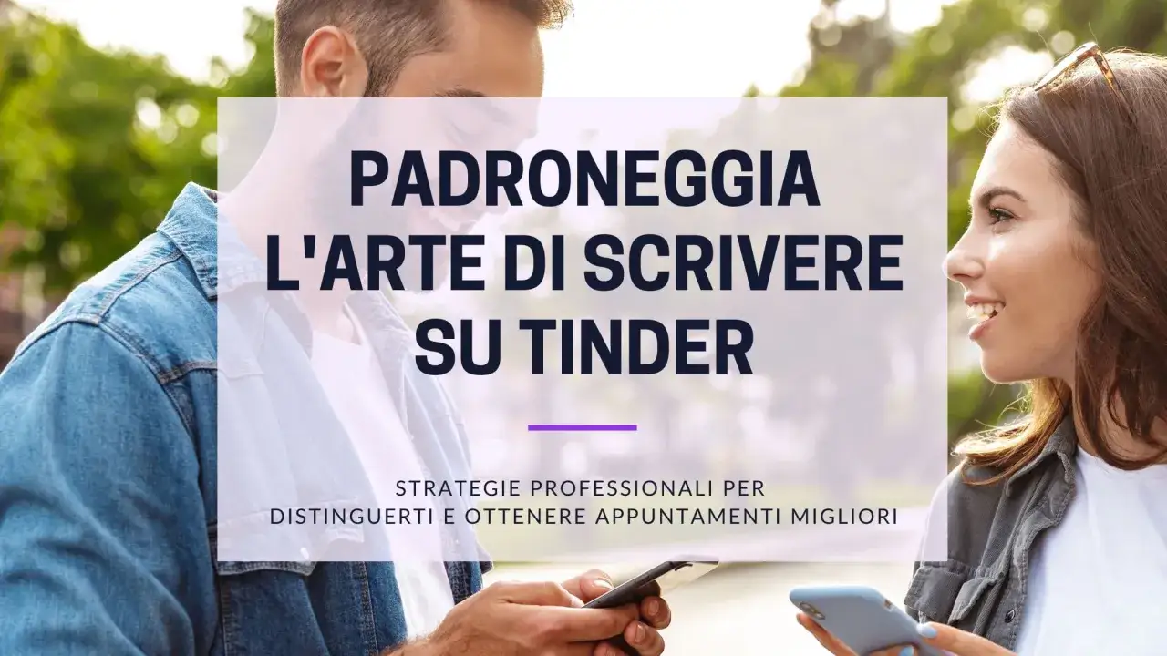 Coppia sorridente che guarda i telefoni. Testo: