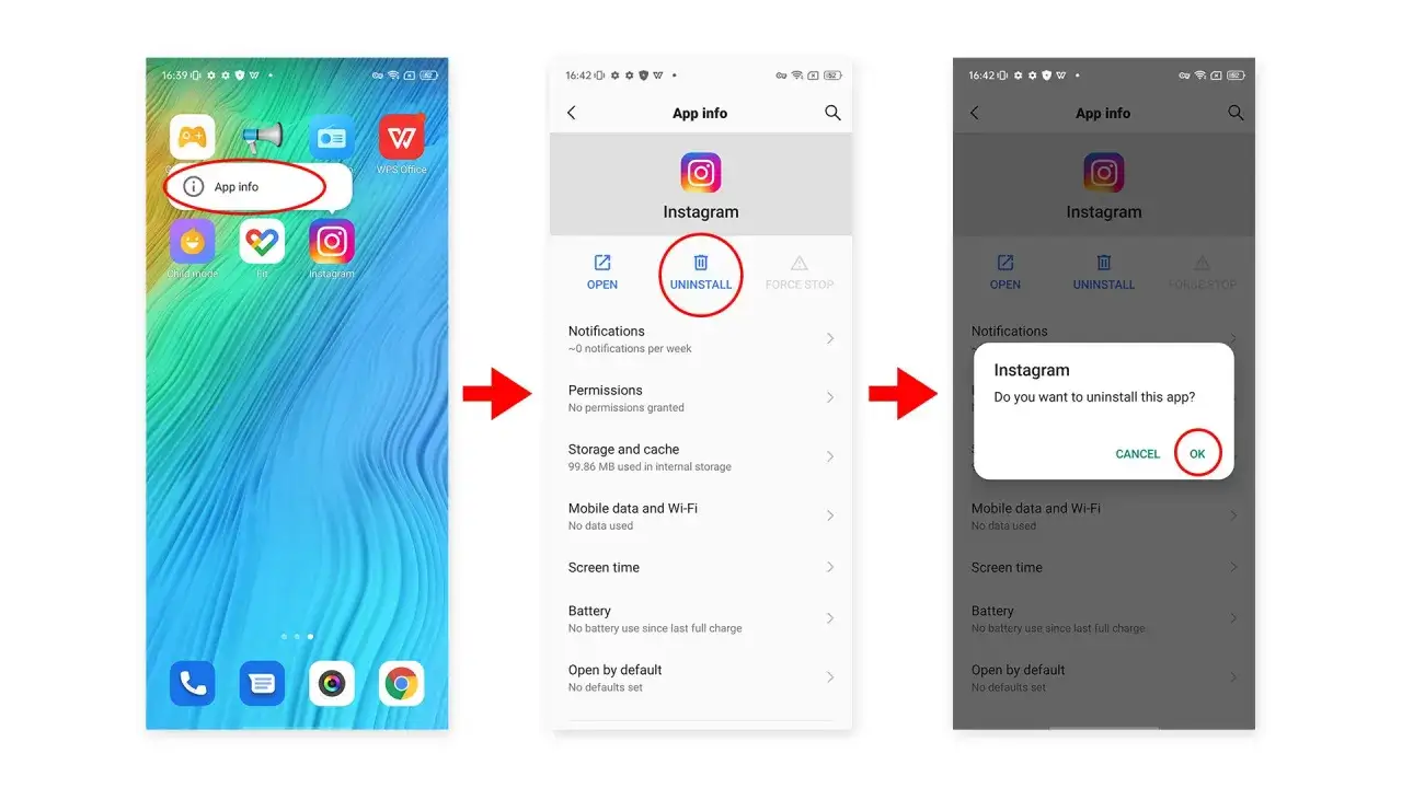 Schermata che mostra come disinstallare un'app, selezionando