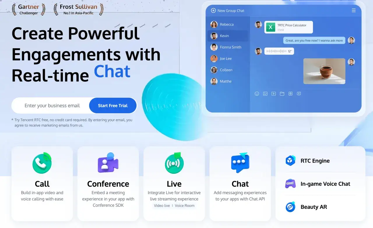 Interfaccia di un servizio di videochat come Omegle, con elenco contatti e messaggi. Offre anche chat, chiamate e conferenze.