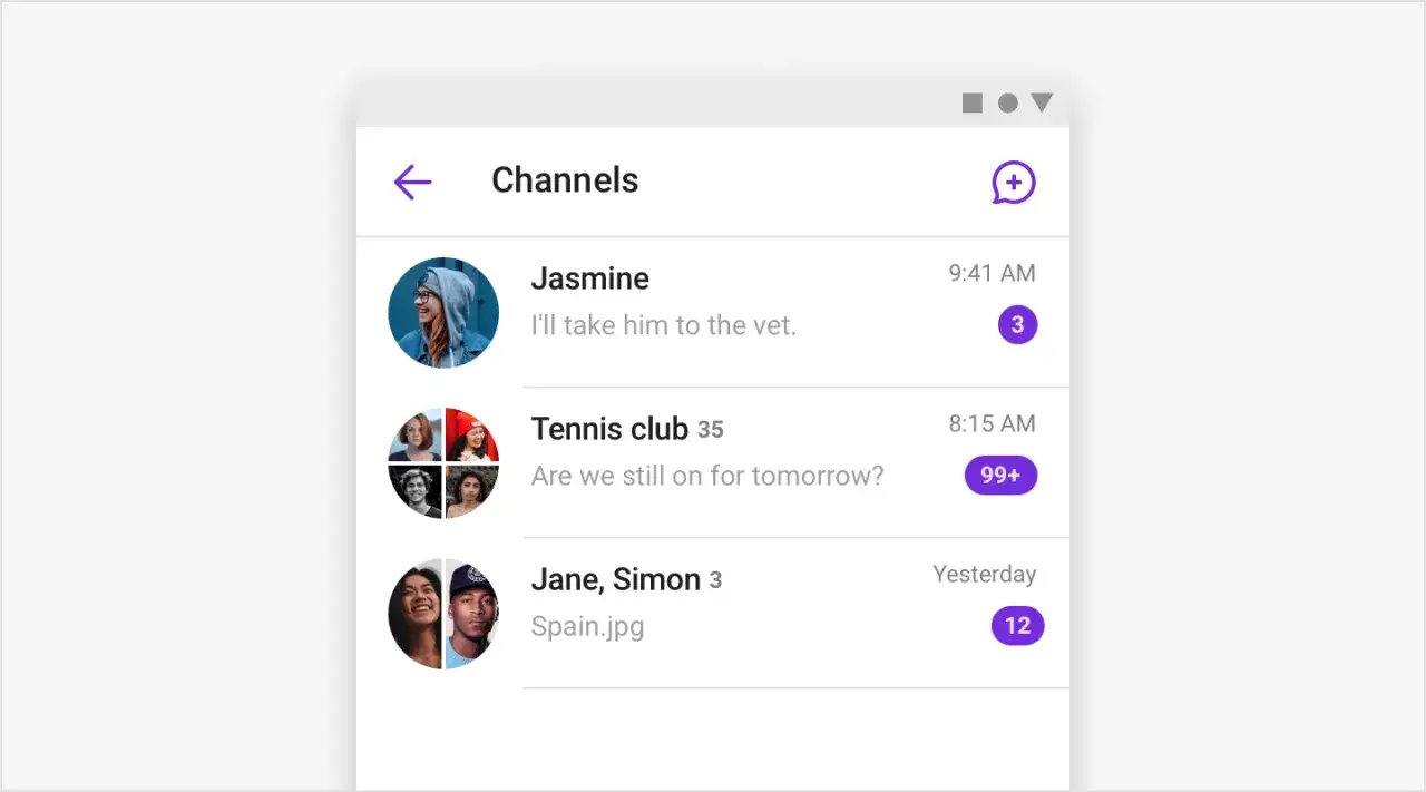 Schermata di chat che mostra come vedere quanti messaggi ci sono in una chat. Notifiche per Jasmine (3), Tennis club (99+) e Jane, Simon (12).