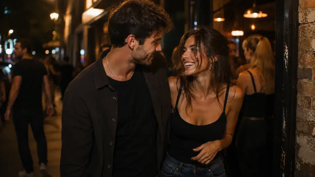 Coppia sorridente cammina di notte, un'atmosfera da flirt. Leggi le flirt.com recensioni per trovare l'amore.