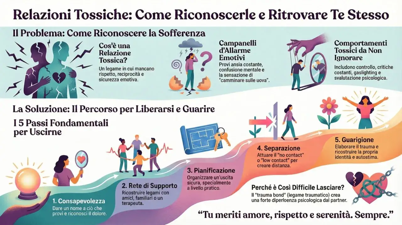Illustrazione sui passi per uscire da relazioni tossiche, con esempi di campanelli d'allarme e comportamenti da non ignorare.