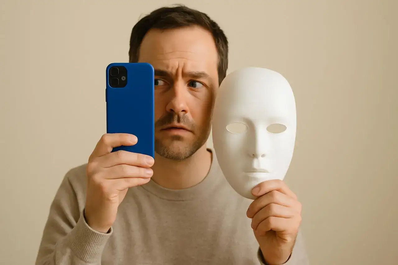 Uomo con maschera bianca e telefono blu, forse cerca sugar daddy siti.