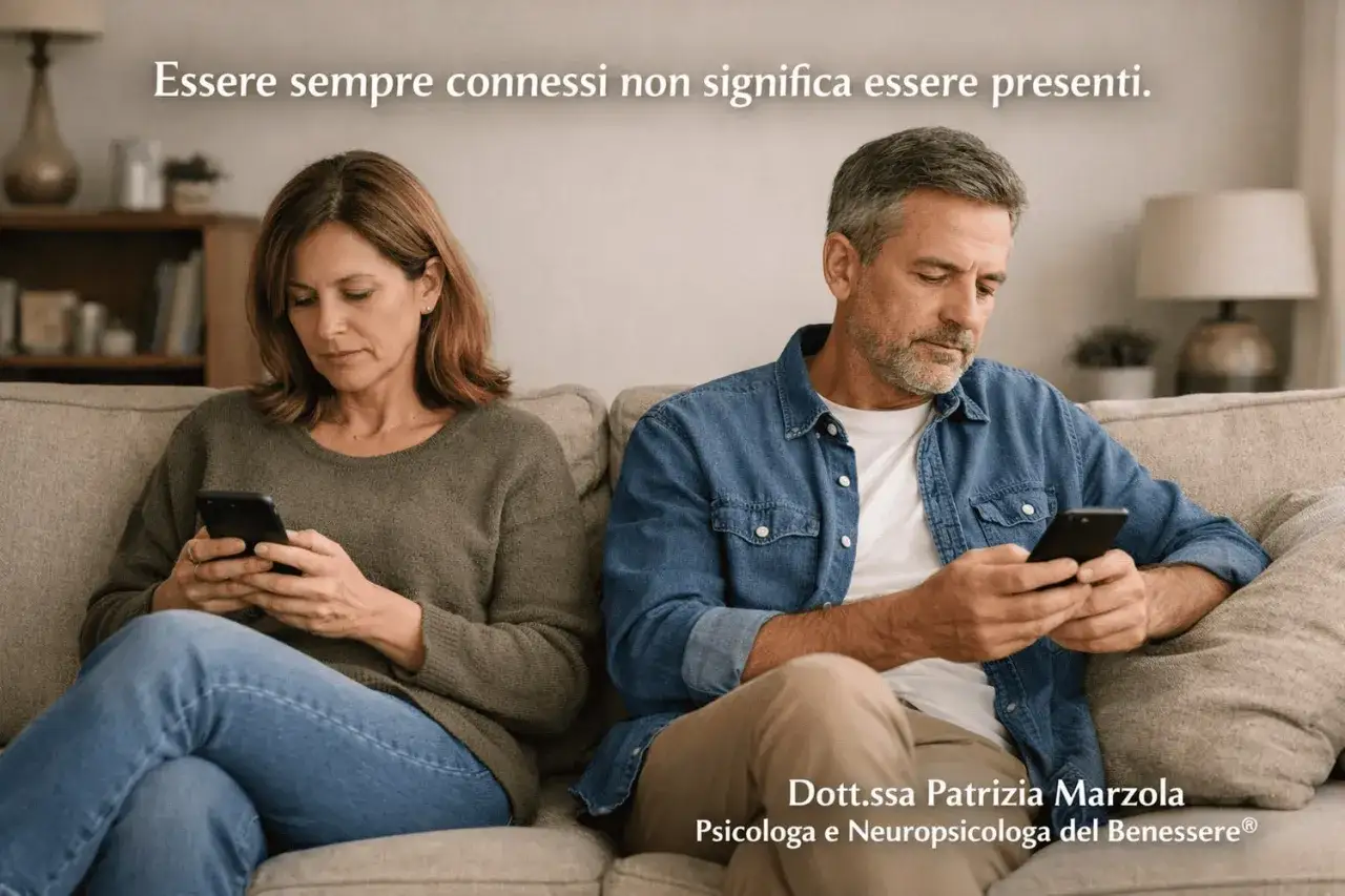 Coppia sul divano, ognuno assorto nel proprio smartphone. La vicinanza fisica non basta ad attrarre una persona a distanza, se la connessione è solo digitale.