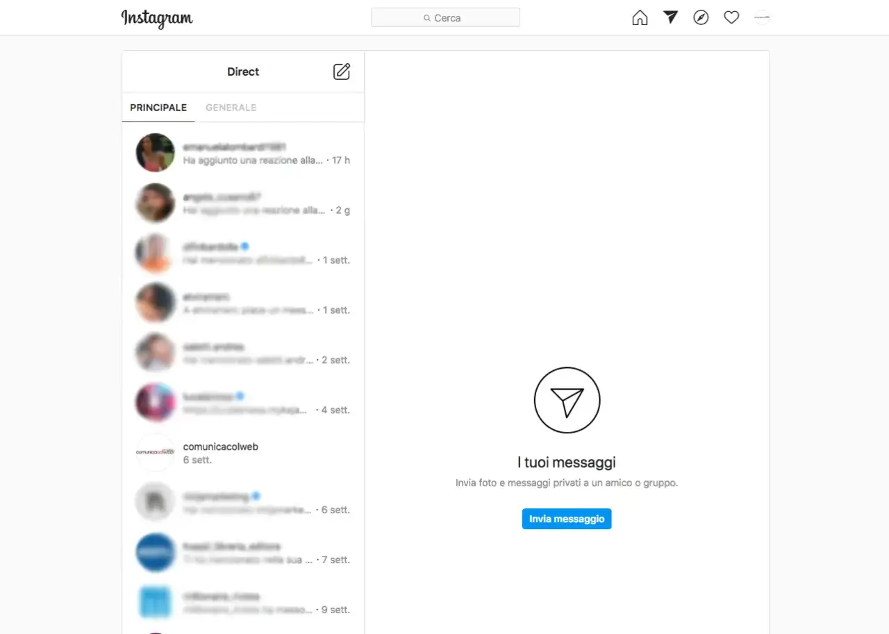 Schermata di Instagram con la sezione Direct aperta. Elenco di conversazioni recenti e pulsante per inviare un messaggio.