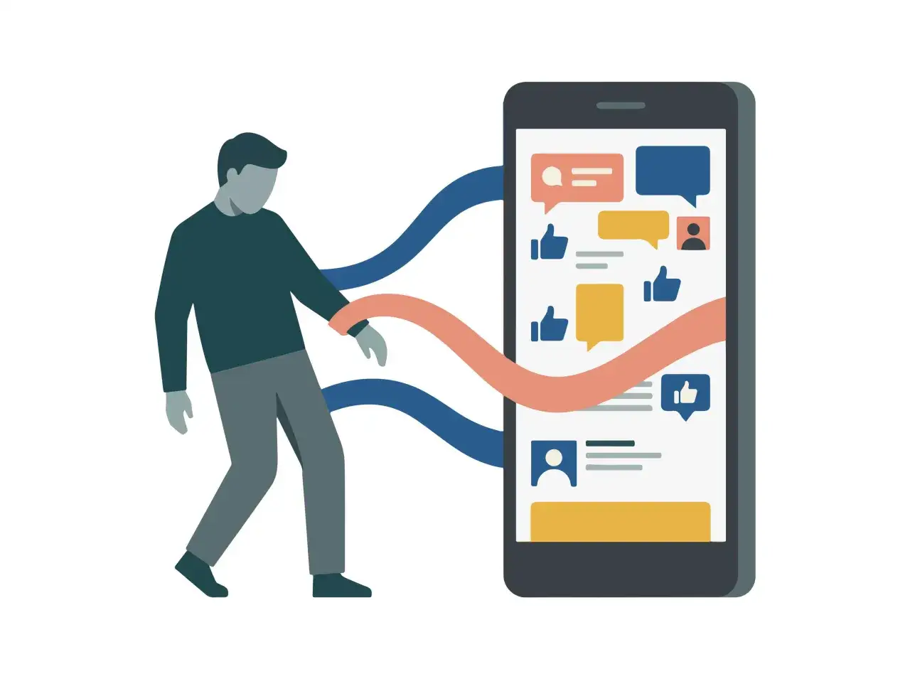 Uomo che cammina verso uno smartphone pieno di notifiche e messaggi, come se stesse per inviare messaggi a un narcisista.