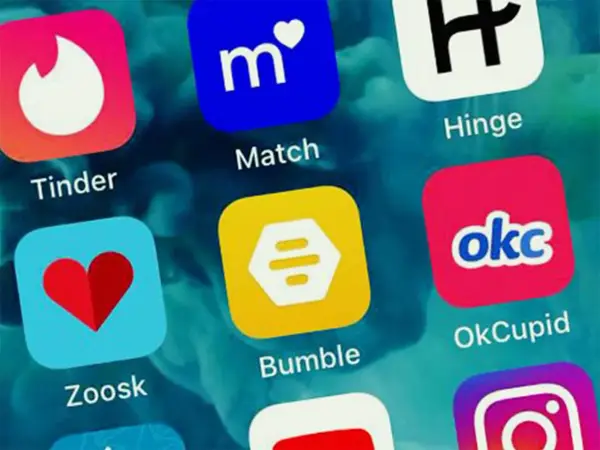 Schermata con icone di app di incontri come Tinder, Bumble, OkCupid, Hinge, Zoosk e Match. Molte di queste sono usate per siti chat sesso.