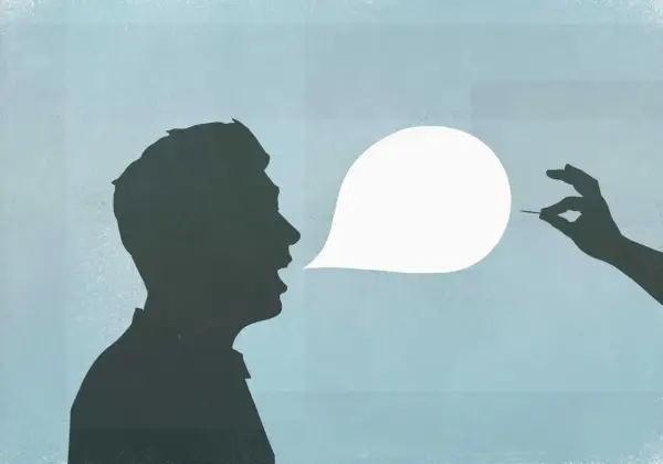 Silhouette di un uomo che parla, con una mano che tiene un ago vicino a una nuvoletta vuota. Come rispondere ad un ti voglio?