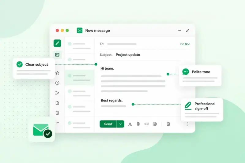 Schermo di un'email con oggetto chiaro, tono cortese e firma professionale.