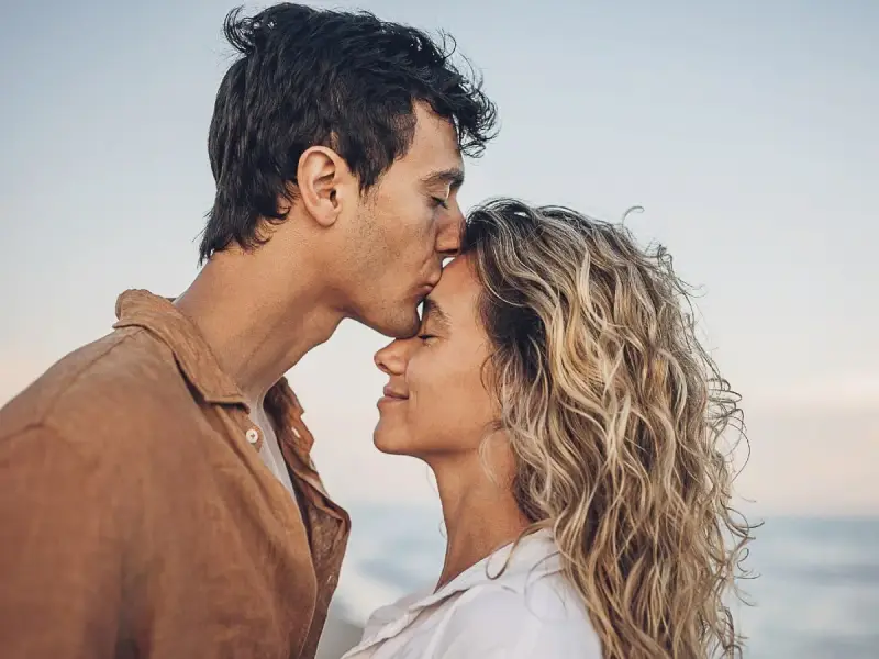 Un uomo bacia la fronte di una donna sulla spiaggia. Se una persona non ti cerca, forse è perché ha già trovato ciò che cercava.